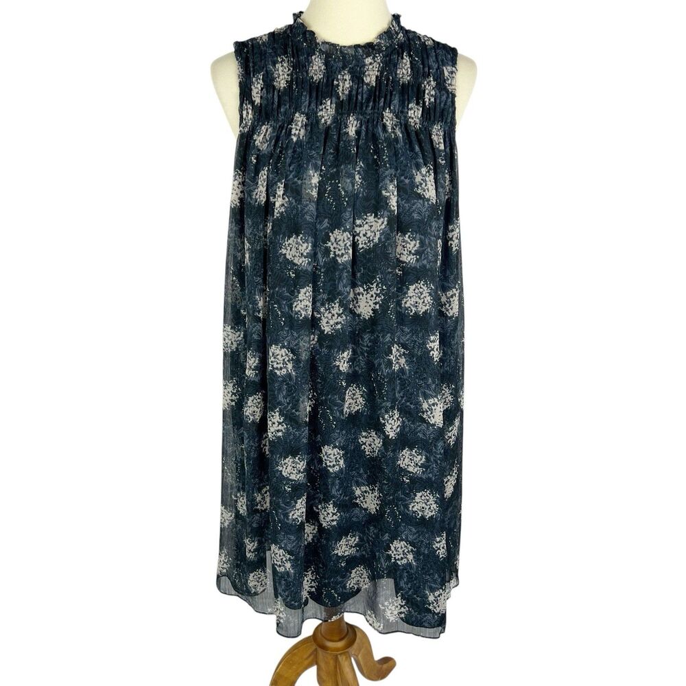 Joie Blue Baltic Print Sleeveless Ruffle Neck Keyhole A-Line Dress Large